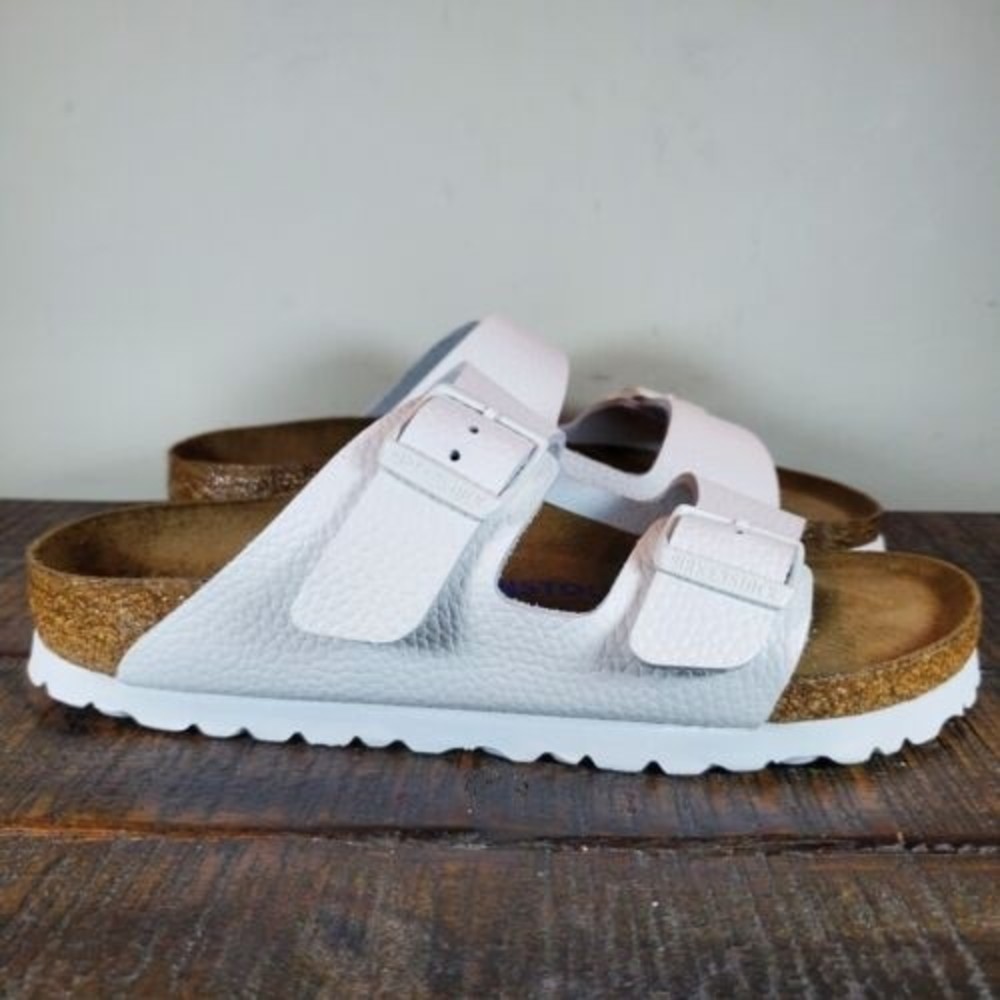 Birkenstock White and Light Pink Arizona Dual-Strap Sandals